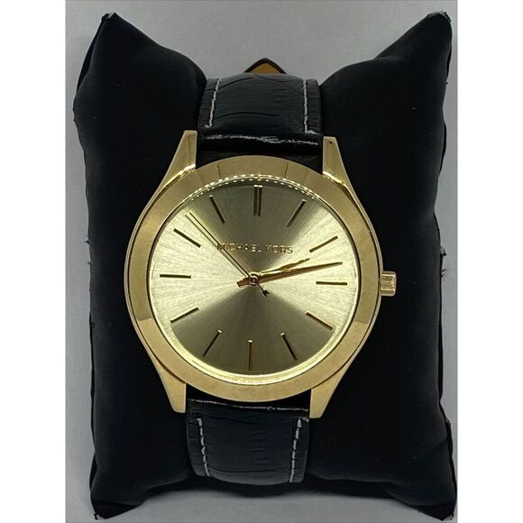 Michael Kors MK3221 Women's Black Leather Analog Gold Dial Quartz Watch JK121 - Picture 1 of 12